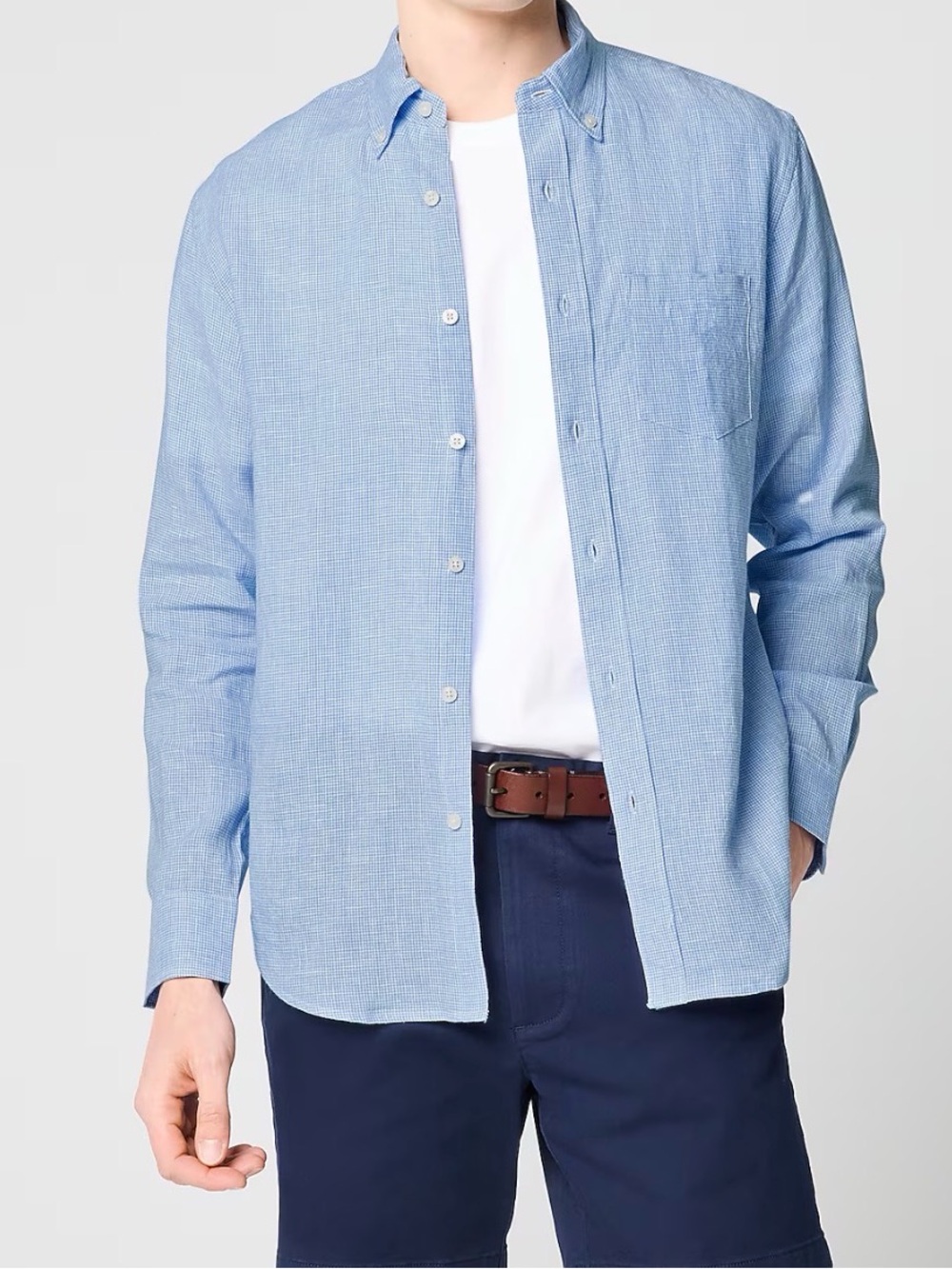J-Crew Linen Blend Casual long Sleeve Button Up Light Blue Gingham check size M